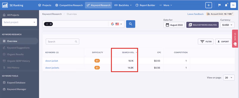 SE Ranking Keyword Research Tool